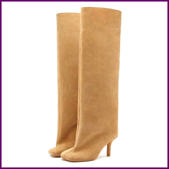 Knee High Boots Wide Calf Stiletto Heel Pull On Suede Riding Boots